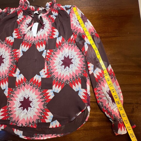 NWT Western Aztec Brown Country Rustic High Neck Top Ruffle Flowy Loose Medium - Picture 9 of 10